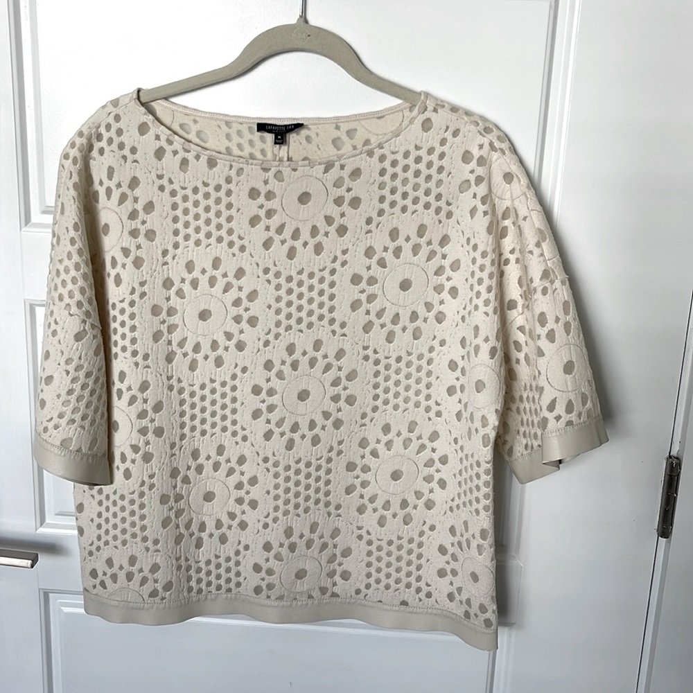 Lafayette 148 Cream Top with Faux Leather Trim Size M